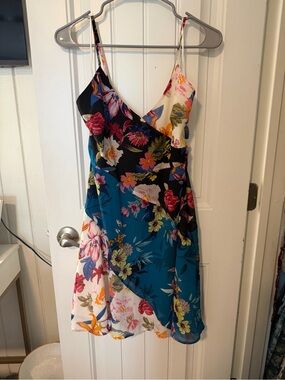 Guess Floral Colorblock Slip Dress in Teal, Black & White